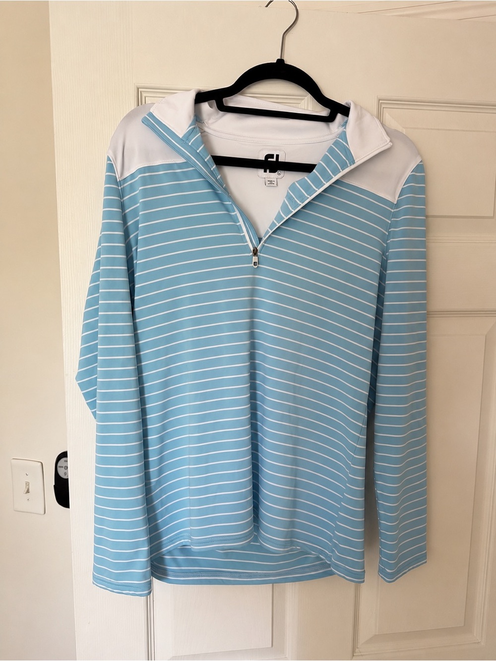 FootJoy Women's Light Blue and White Striped Quarter-Zip Pullover